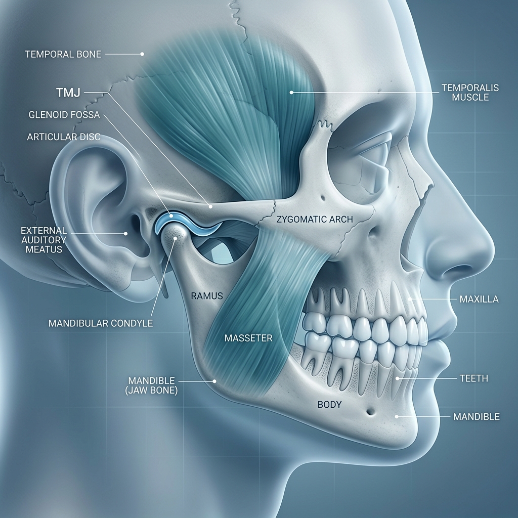 Çene eklemi (TME) anatomisi ve diş kapanışının eklem sağlığı üzerindeki kritik etkisi.